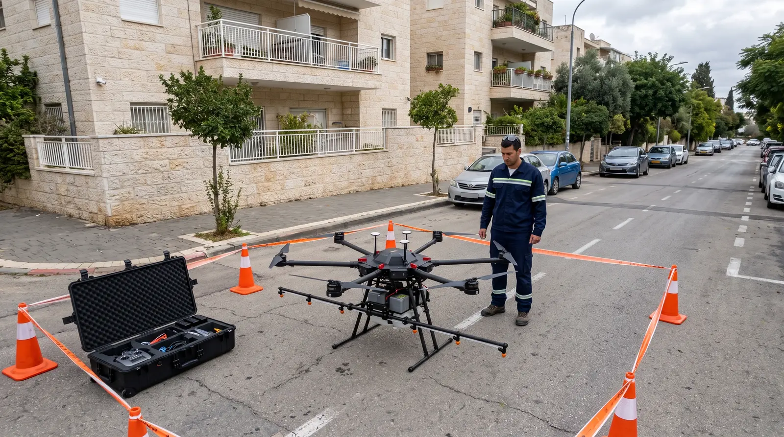 Washing drone set down on the pavement, technician beside it, marked-out perimeter