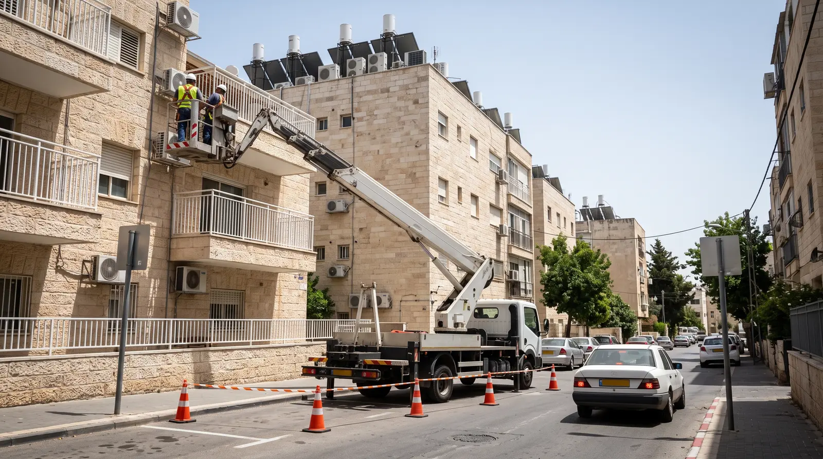 Boom lift occupying a traffic lane in front of a residential building