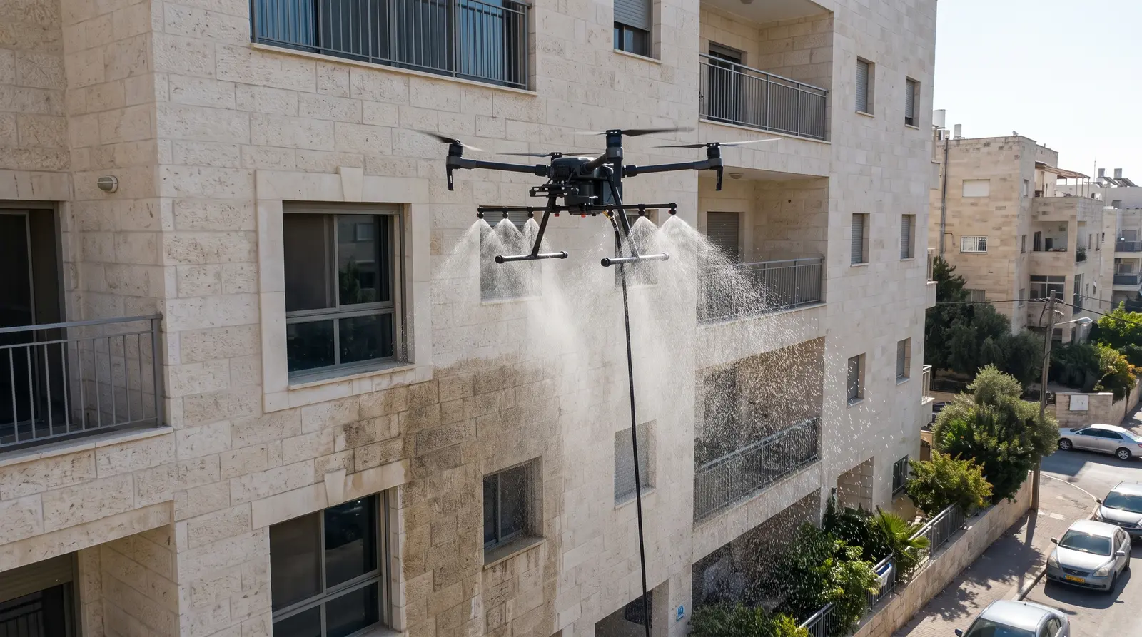 Cleaning drone spraying water onto a glass façade, supply hose running down to the ground
