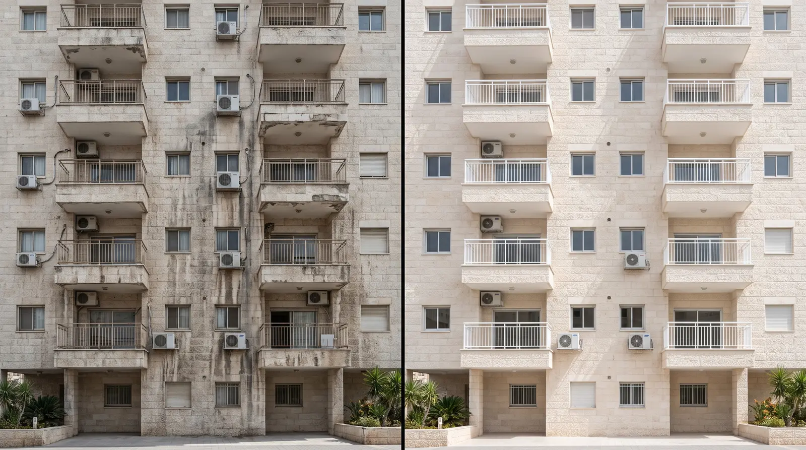 Before and after cleaning compared on the same façade