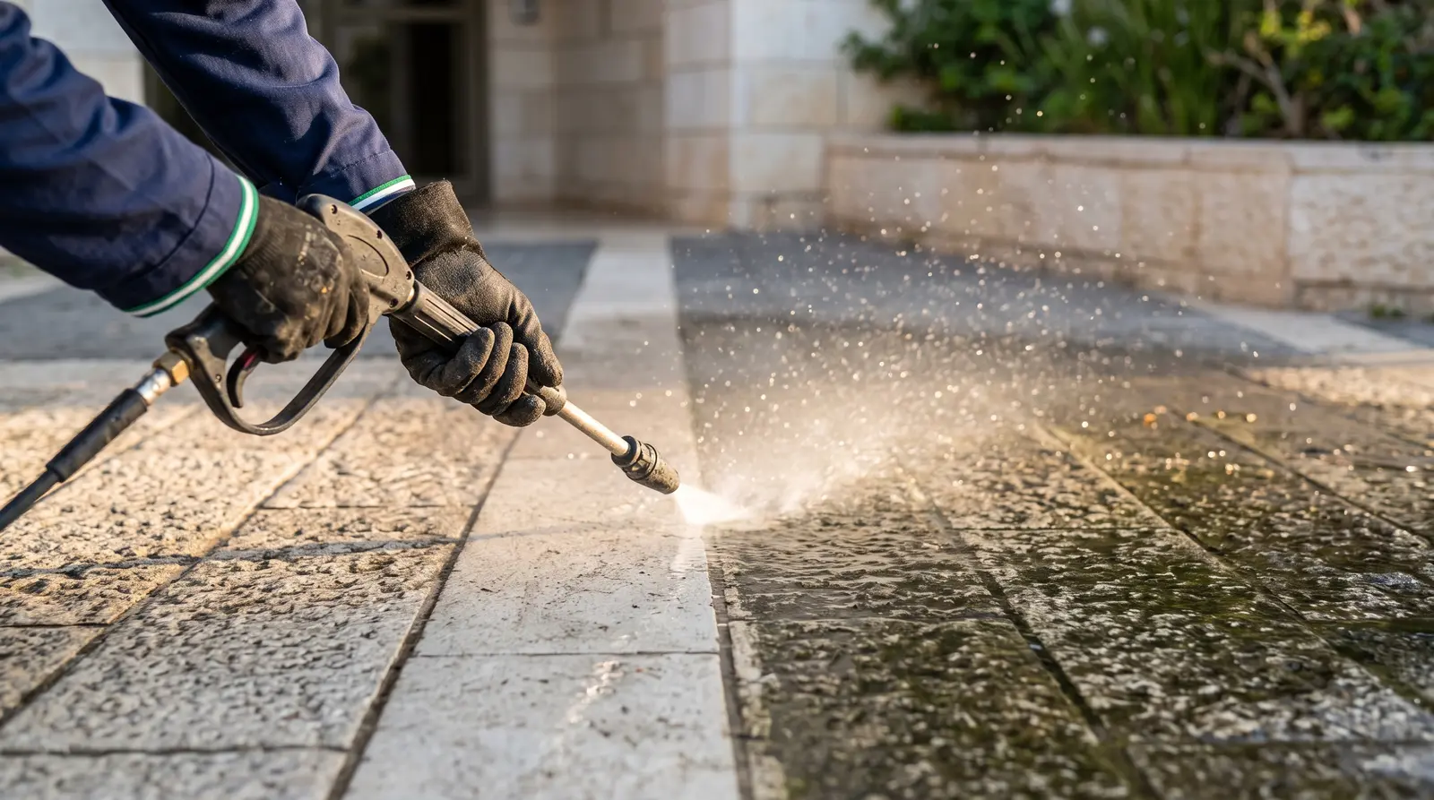 High-pressure lance cleaning the paved entrance of a residential building