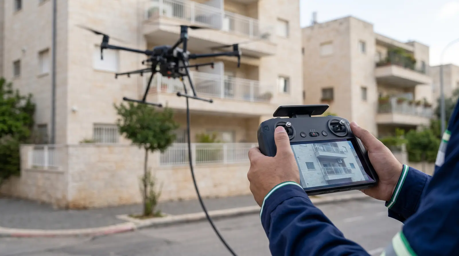 Drone remote controller, façade visible on the screen