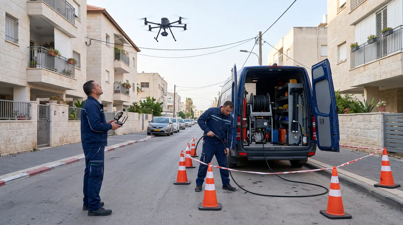 Pilot at the controls and ground operator beside the hose reel, marked-out perimeter, drone in flight behind