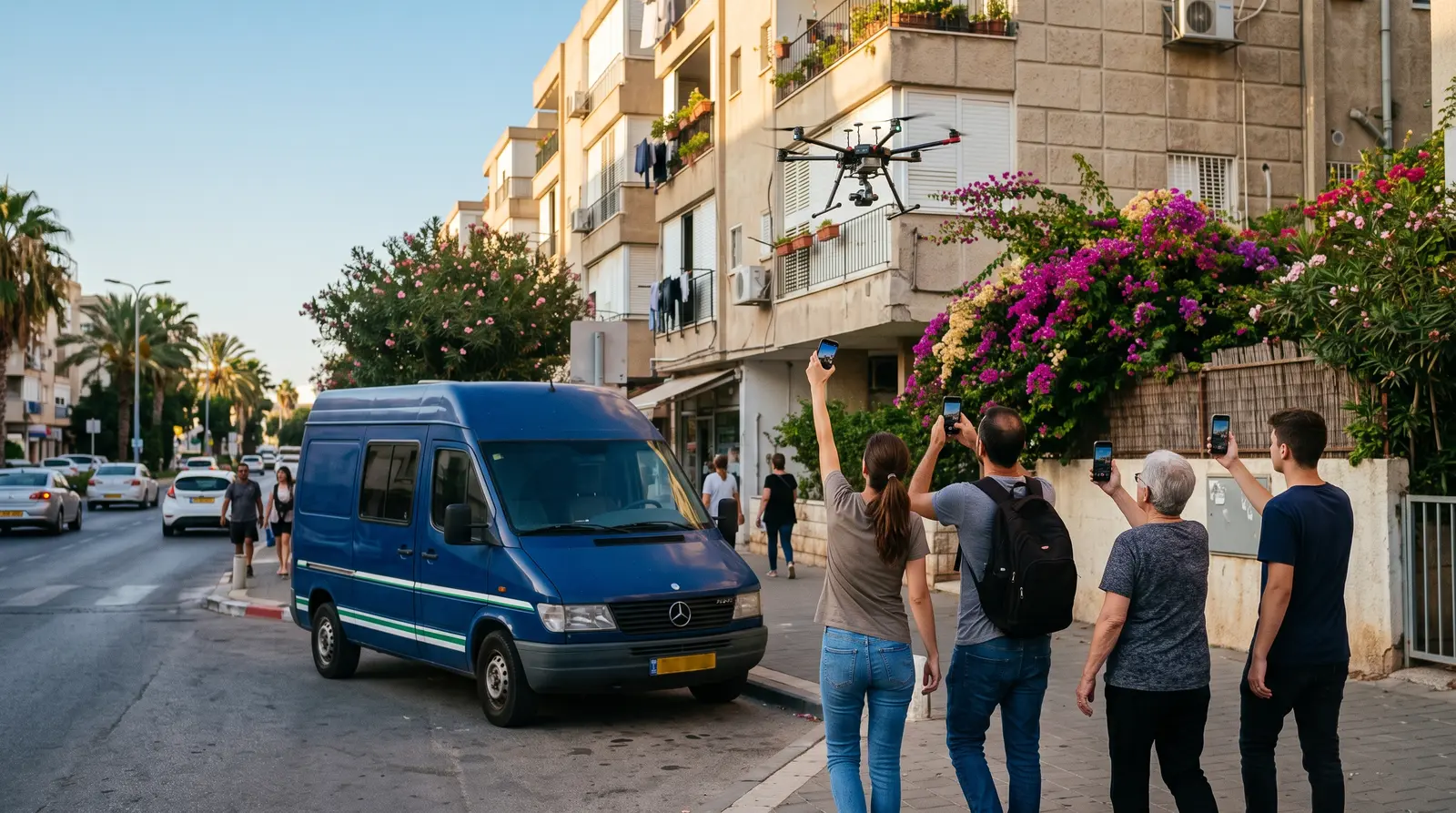 Passers-by stopped in the street filming the drone at work on their phones