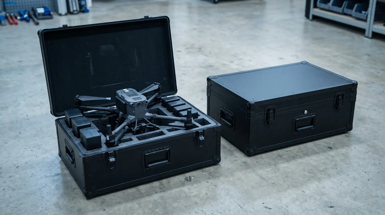 The two drone transport cases, one of them open