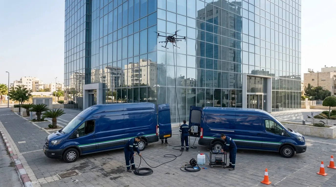Two crews and two vans in front of an office tower