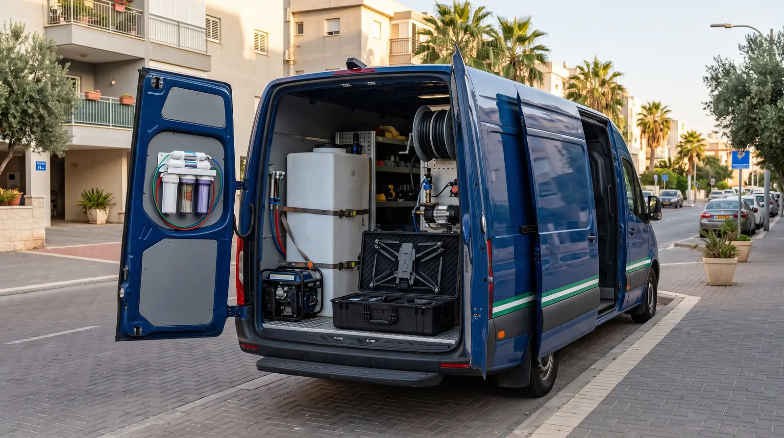 The van with all its doors open, the full fit-out visible