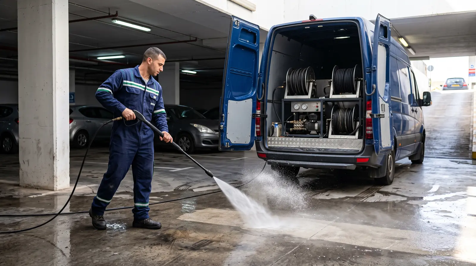 Pressure washing an underground car park