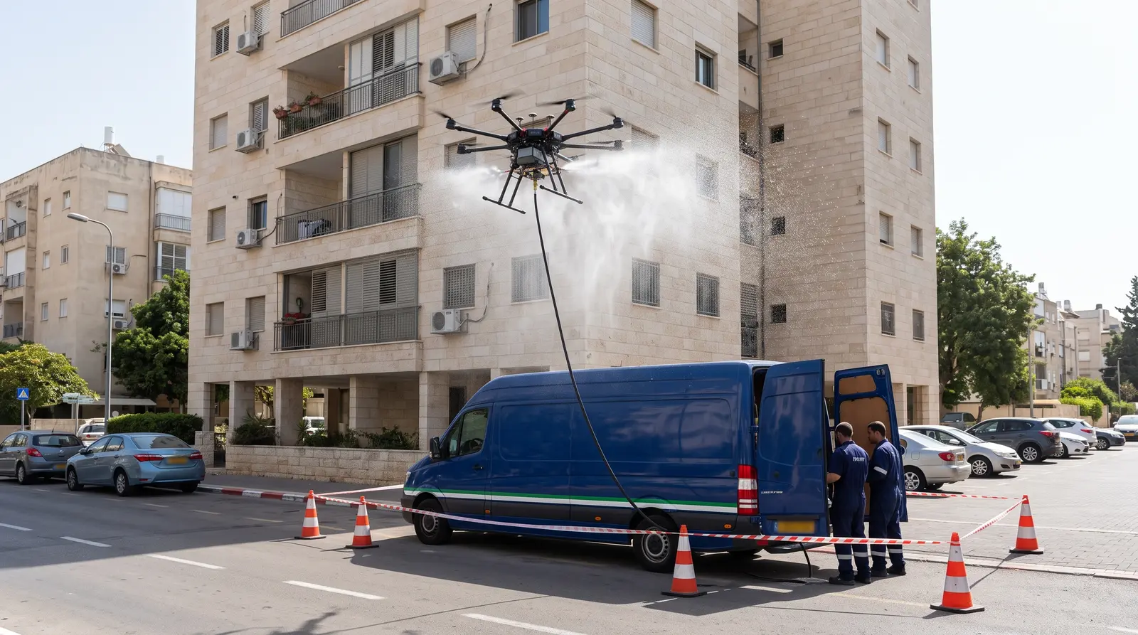 The drone in flight, the hose running down to the van on the ground